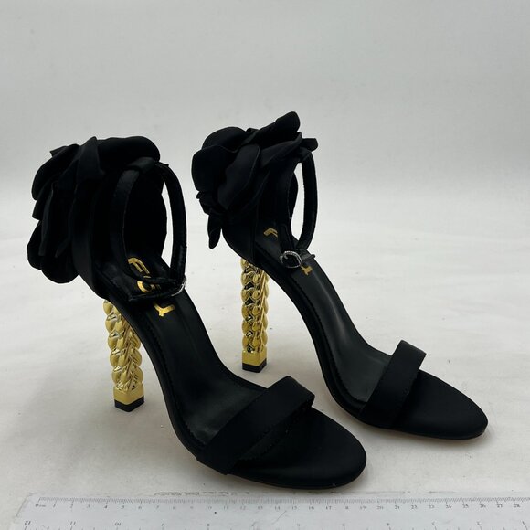 FSJ Black Flower Gold Metal Chain Chunky High Heels Ankle Strap Sandals Open Toe - Picture 4 of 8